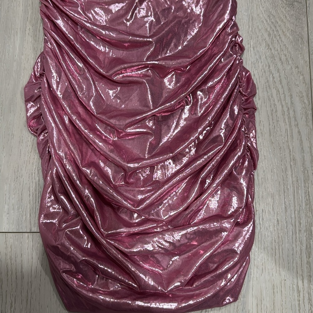 Shiny Pink Strapless Ruched Mini Dress - Picture 2 of 3